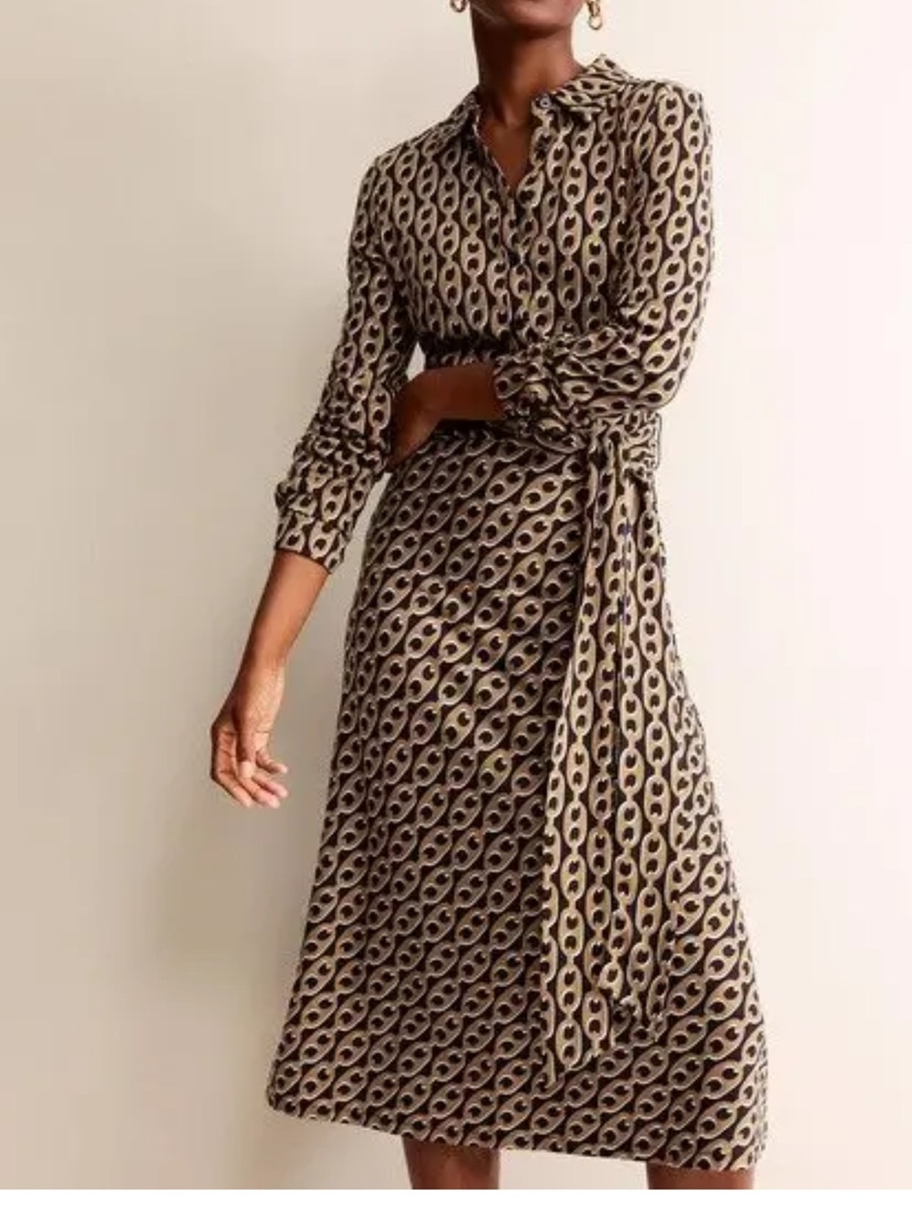 Boden Black and Tan Chain Print Jersey Midi Shirt Dress, tie waist, size 6